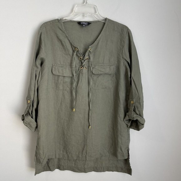 Company Ellen Tracy Green Linen Lace Up Front Roll Tab Sleeve Top - Picture 1 of 7